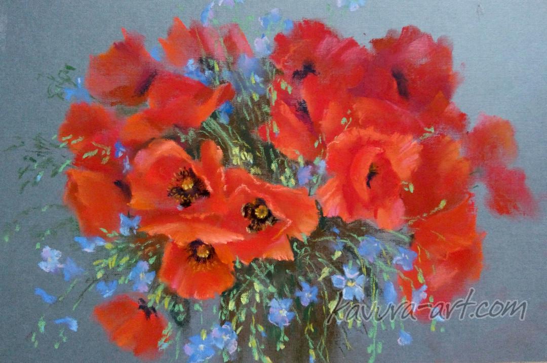 "Poppies and flax" Pastel on paper.