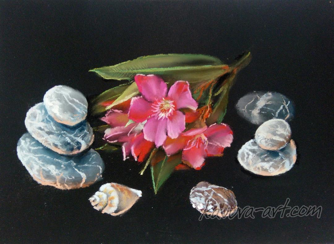 "Stones and flowers" Pastel on paper.