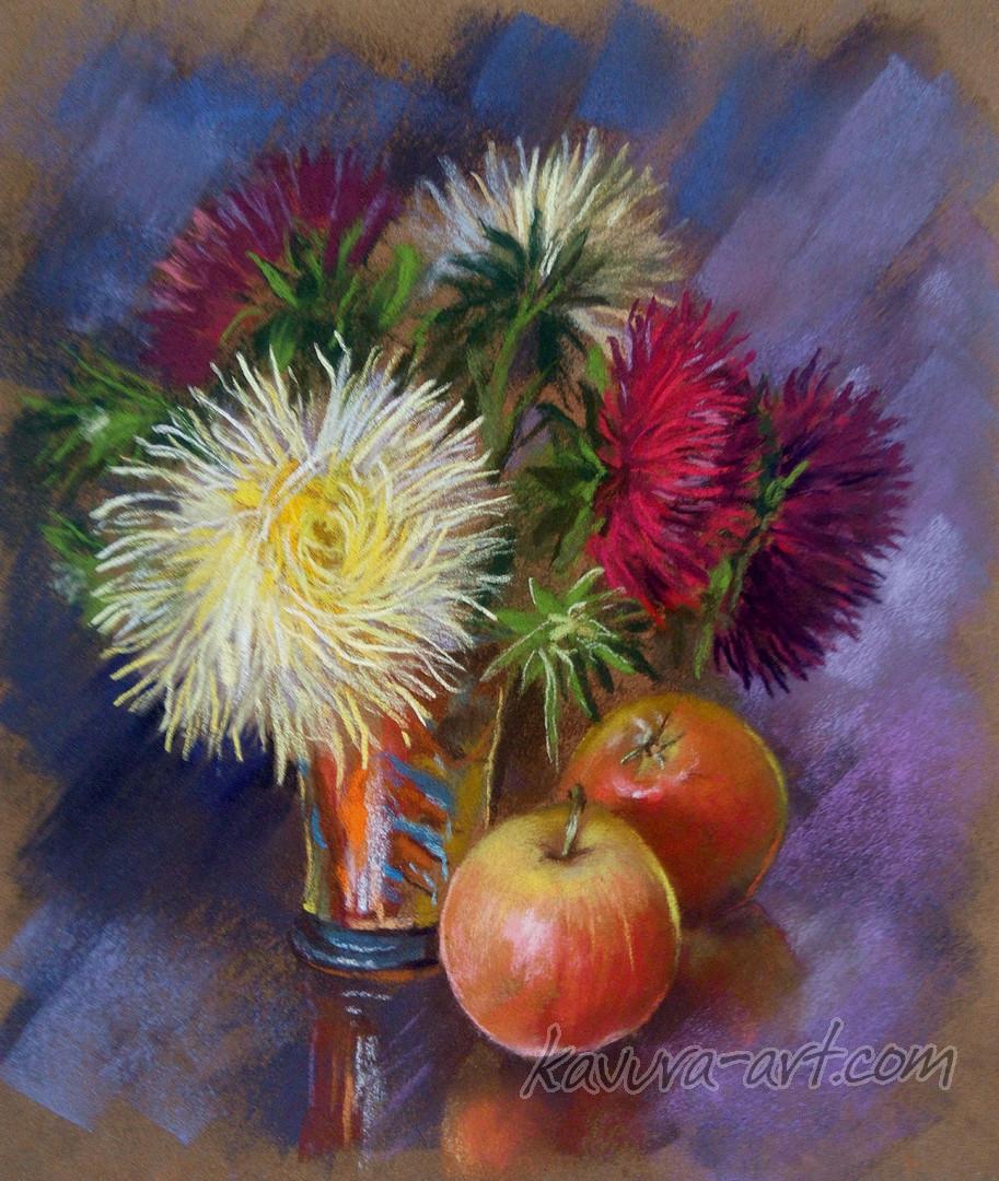 "Asters" Pastel on paper.