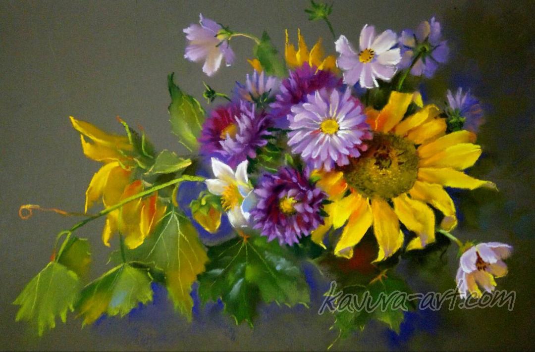 "Sunflower, Cosmos, Asters" Pastel on paper.