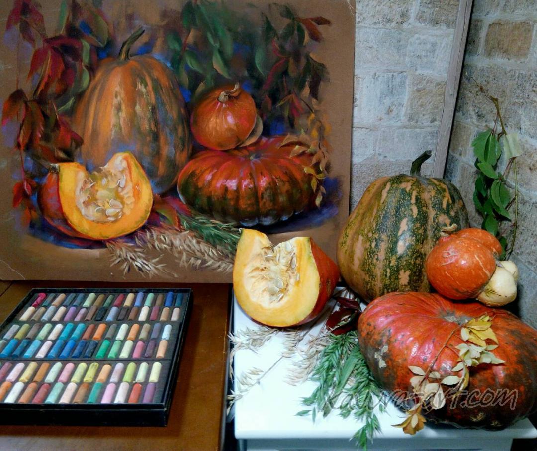 "Still Life with Pumpkins" Pastel on paper.