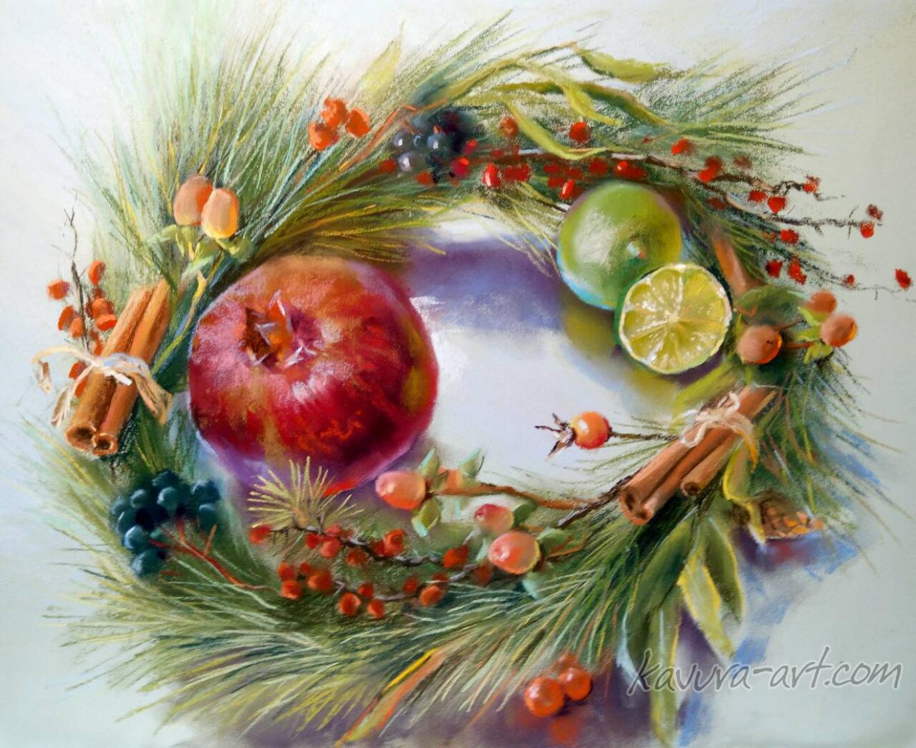 "Christmas wreath" Pastel on paper.