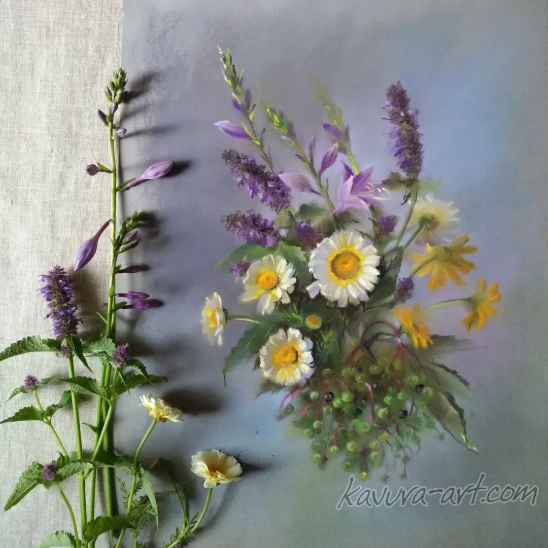 "Chrysanthemum and elderberry" Pastel on paper.