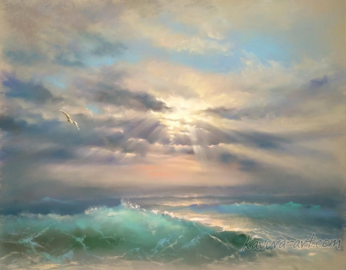 "Waves in the rays of sunset" Pastel on paper.