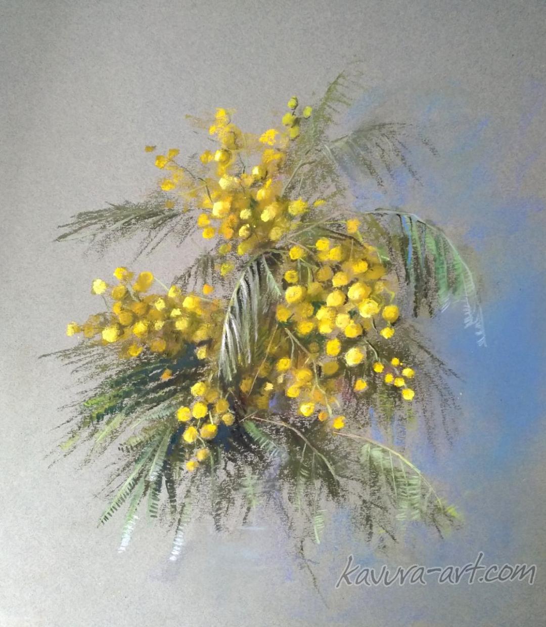 "Spring flowers. Mimosa" Pastel on paper.