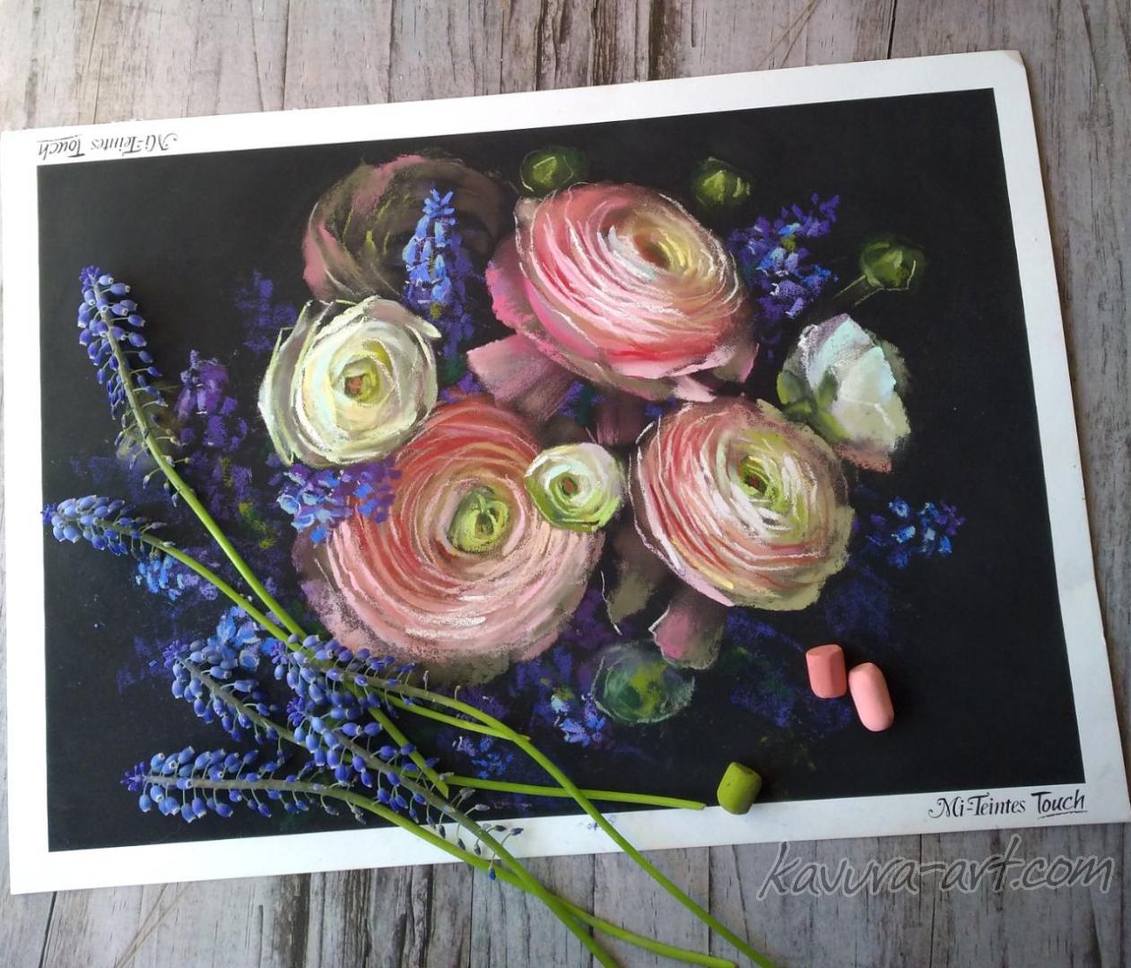 "Ranunculus and Muscari " Pastel on paper.