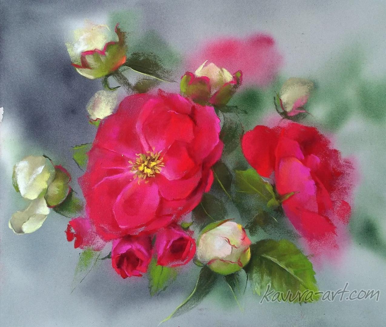 "Roses and peonies" Pastel on paper.