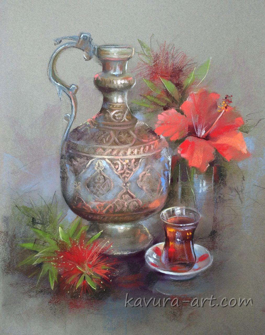 "Turkish amfora with red flowers" Pastel on paper.