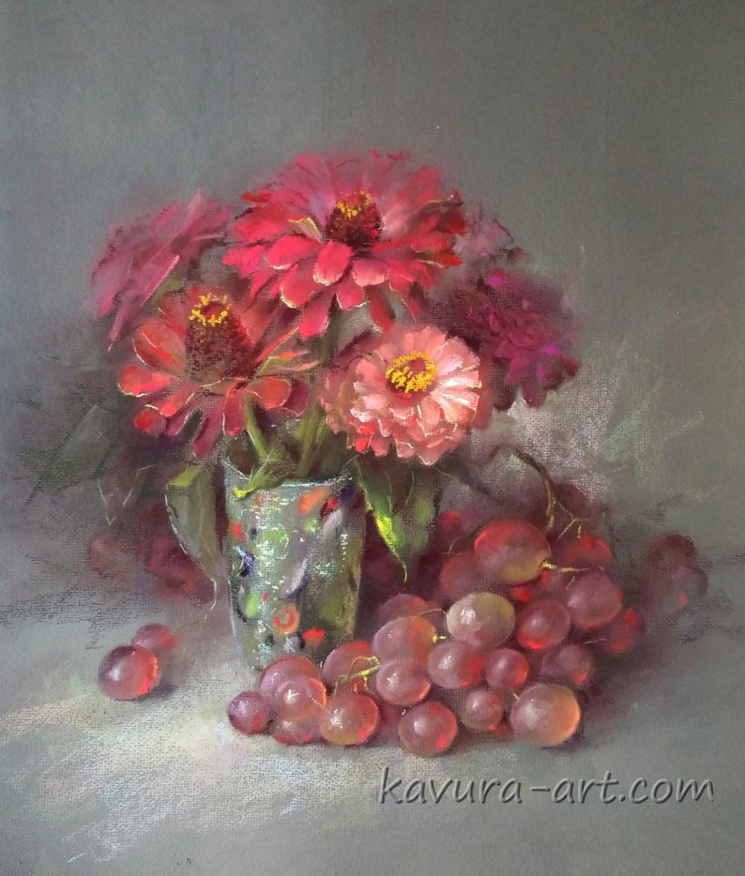 "Zinnias with grapes" Pastel on paper.