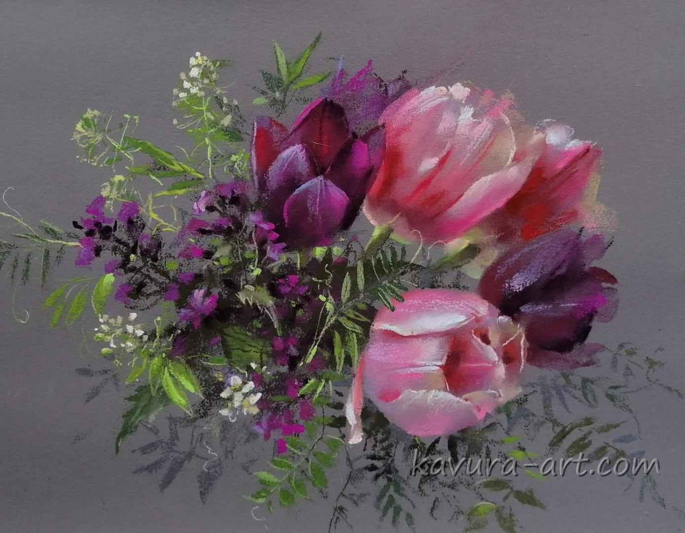"Tulips and wild flowers" Pastel on paper.