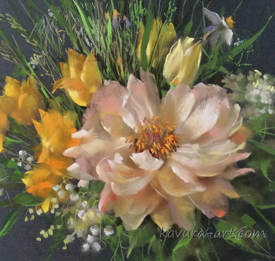 "Yellow tulips and Peonie" Pastel on paper.