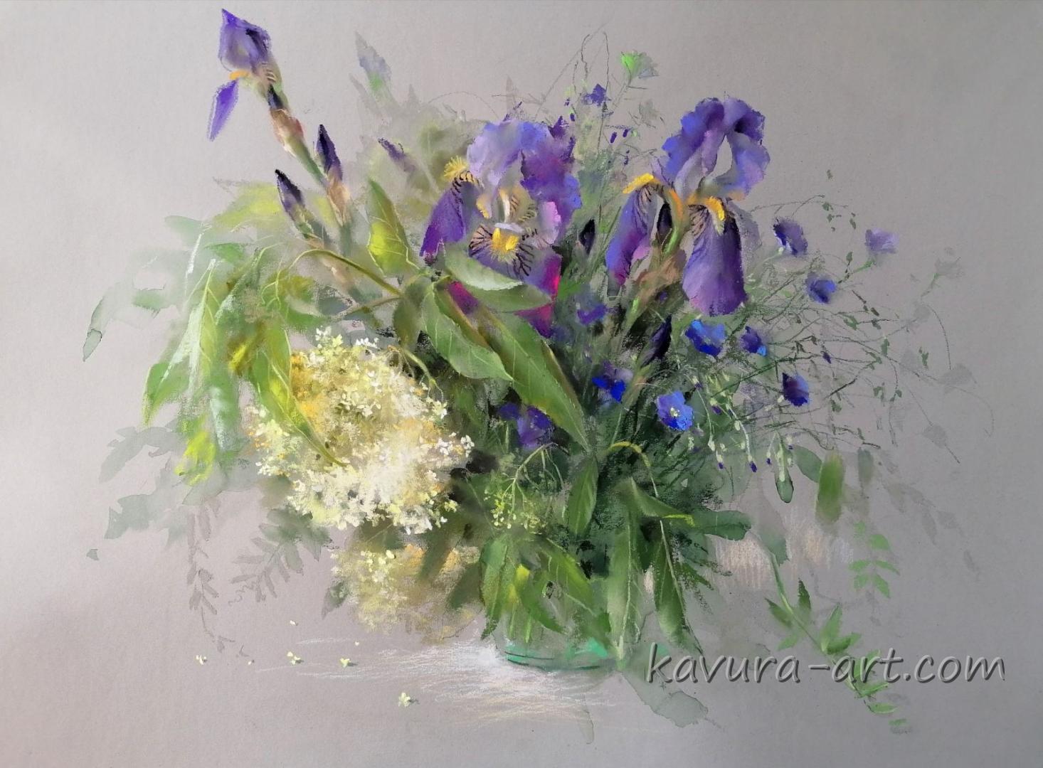 "Irises and Elder" Pastel on paper.