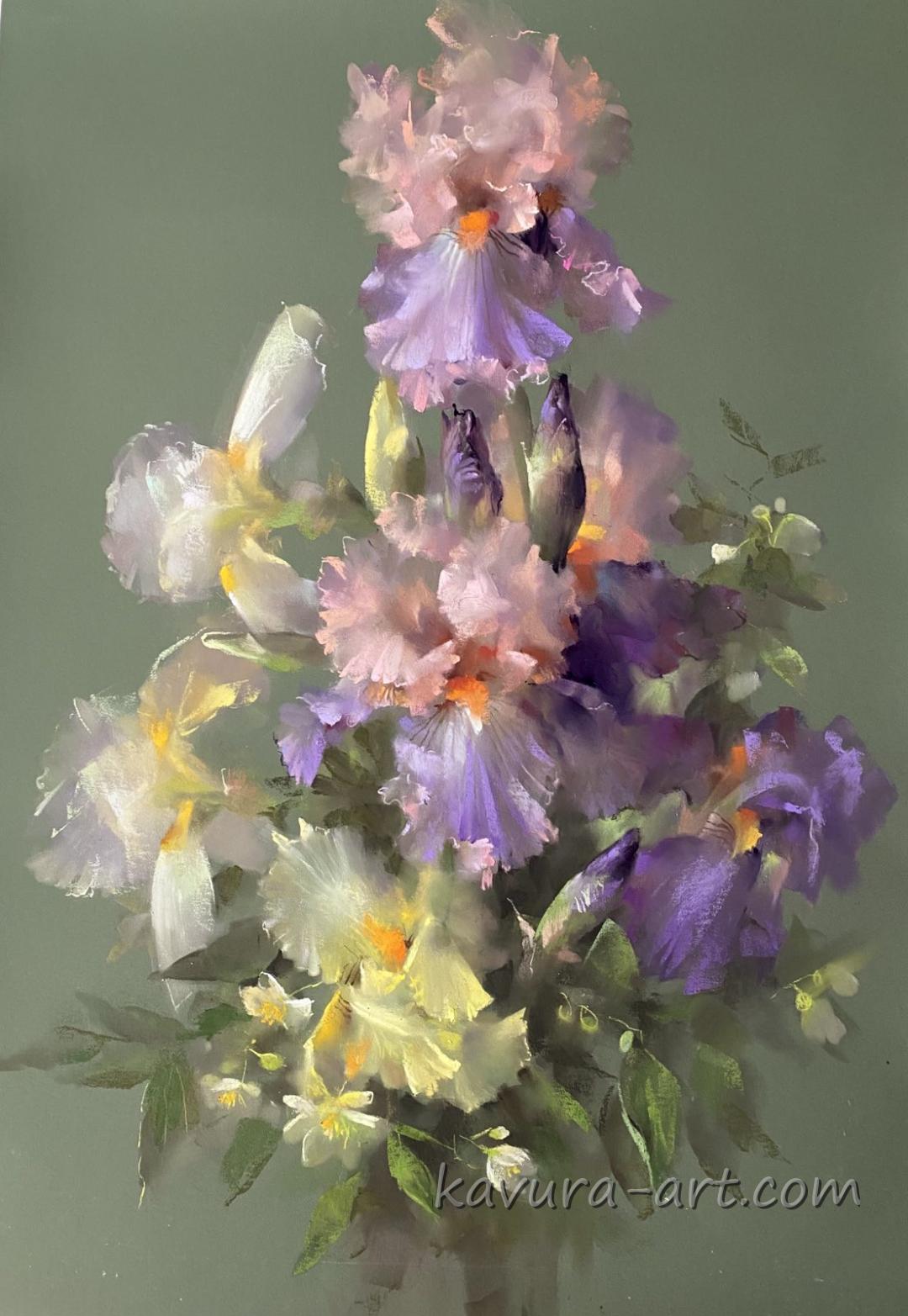 "Irises and jasmine" Pastel on paper.