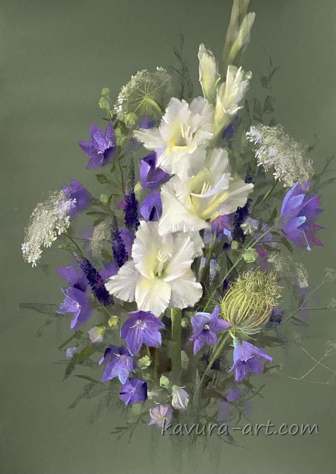 "Gladiolus and blue flowers" Pastel on paper.