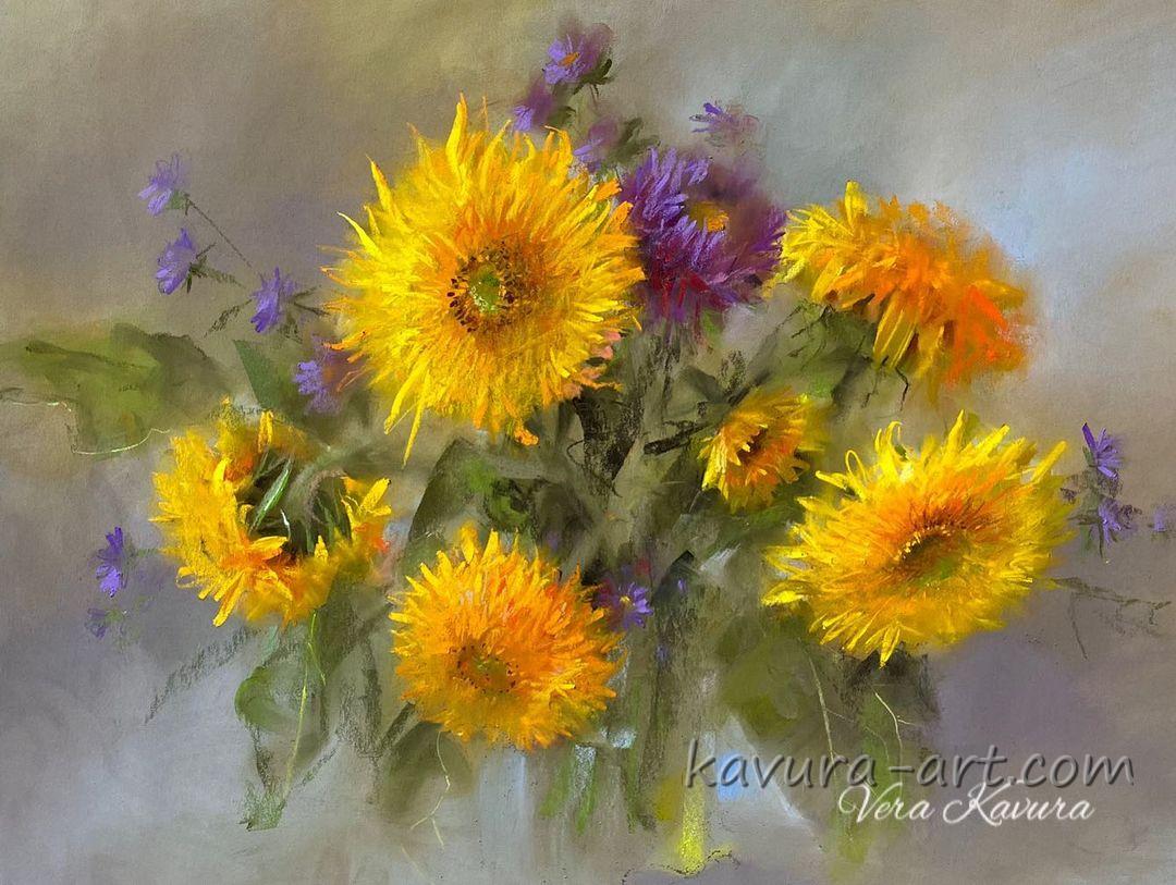 "Sunflowers and Aster" Pastel on paper.