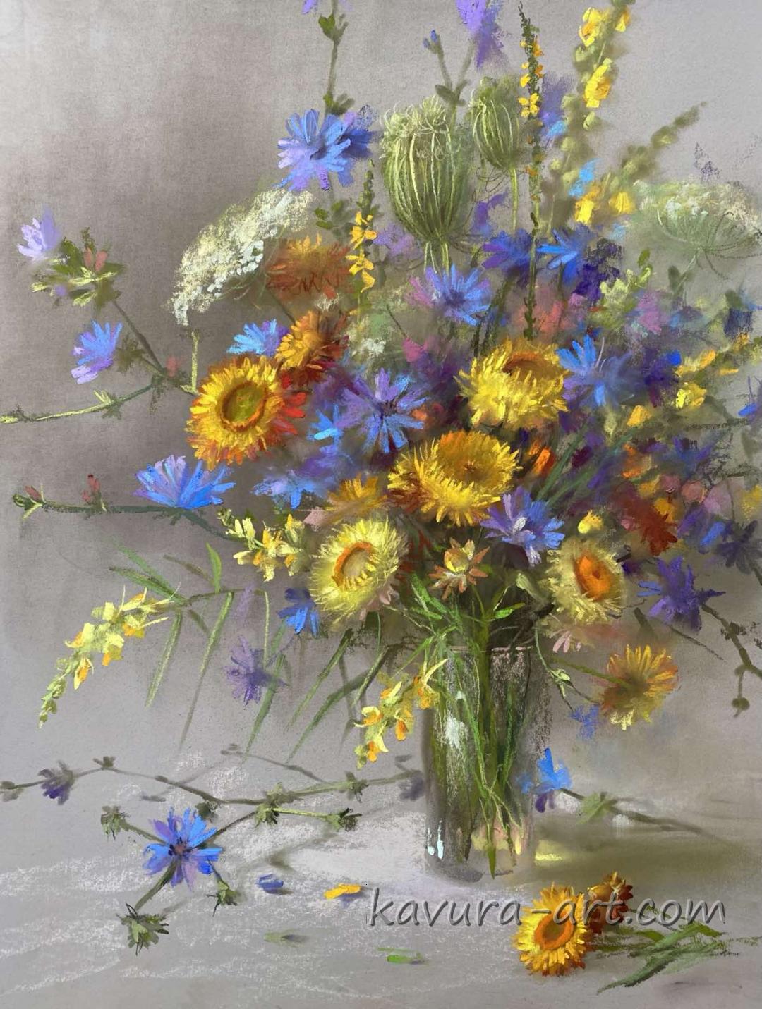 "Cichorium and wildflowers" Pastel on paper.