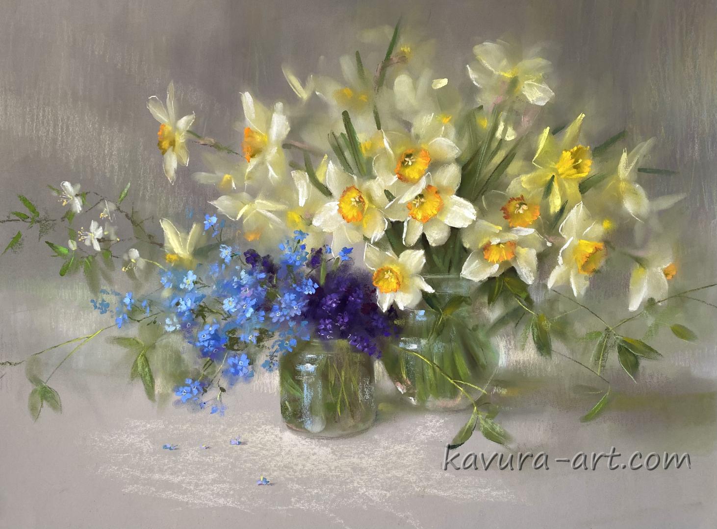 "Narcissus, muscari and Forget-me-not" Pastel on paper.