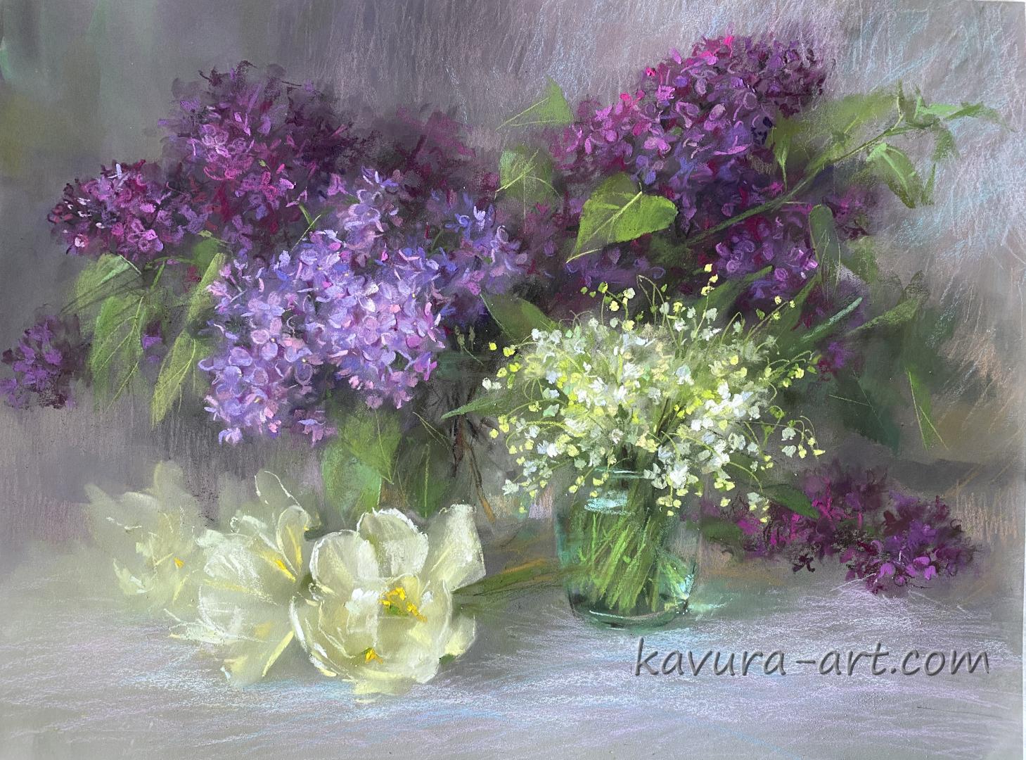 "Lilacs and lilies of the valley with white tulips" Pastel on paper.