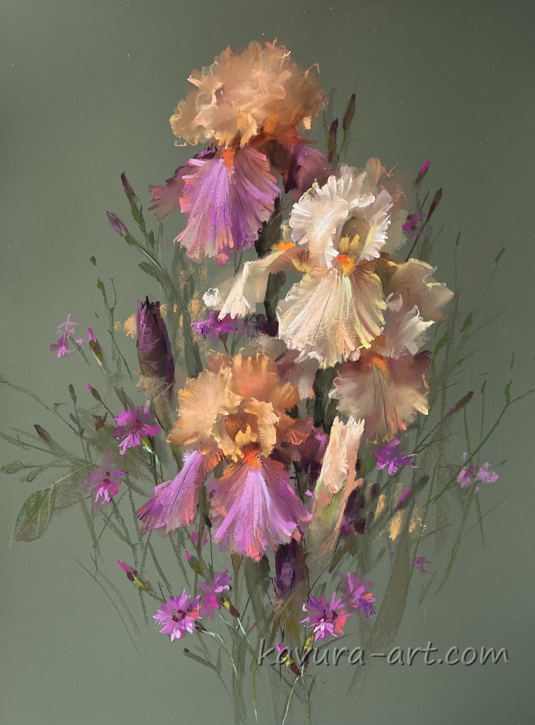 "Irises and Dianthus" Pastel on paper.