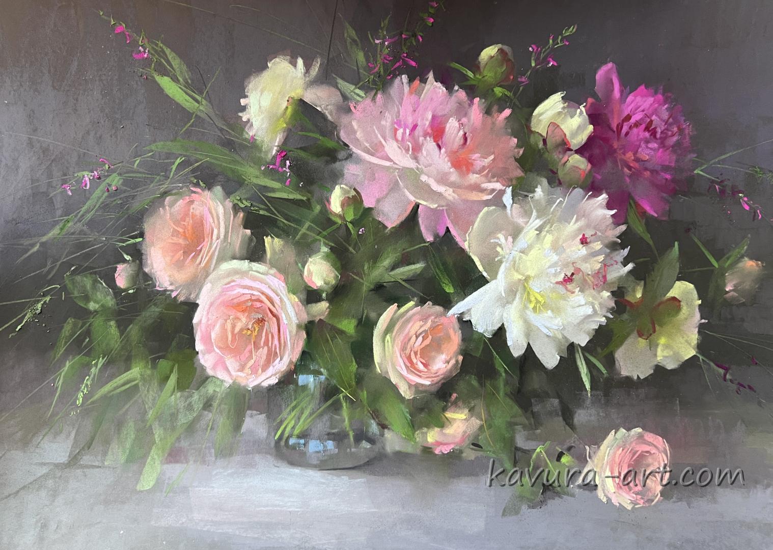 "Peonies and roses" Pastel on paper.