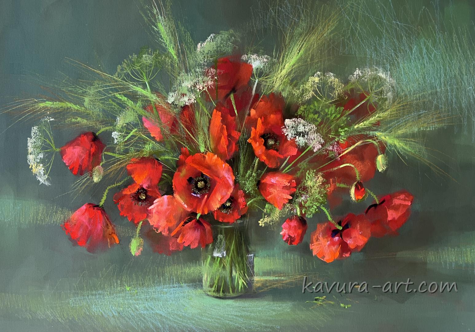 "Poppies" Pastel on paper.