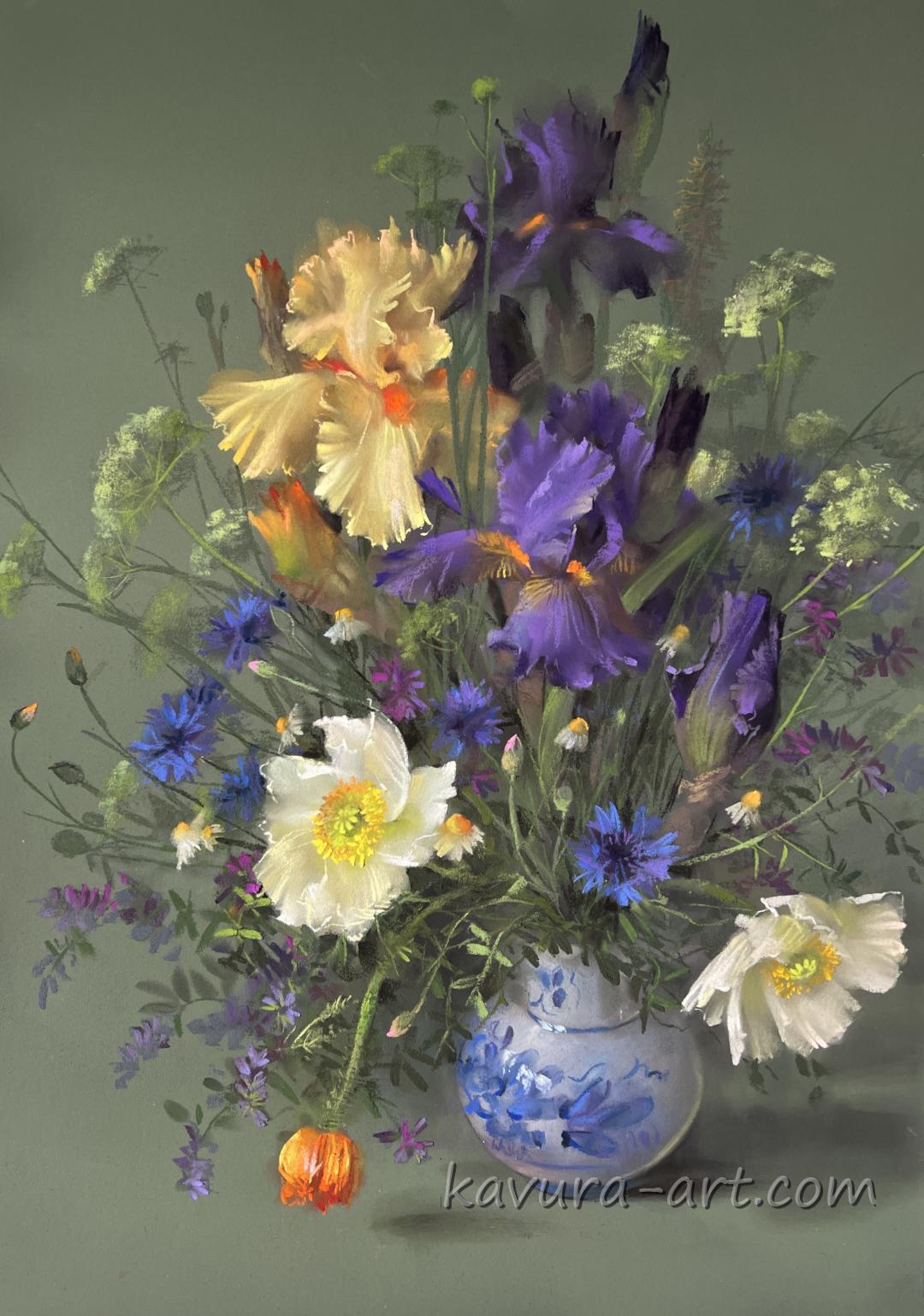 "Irises and wildflowers" Pastel on paper.