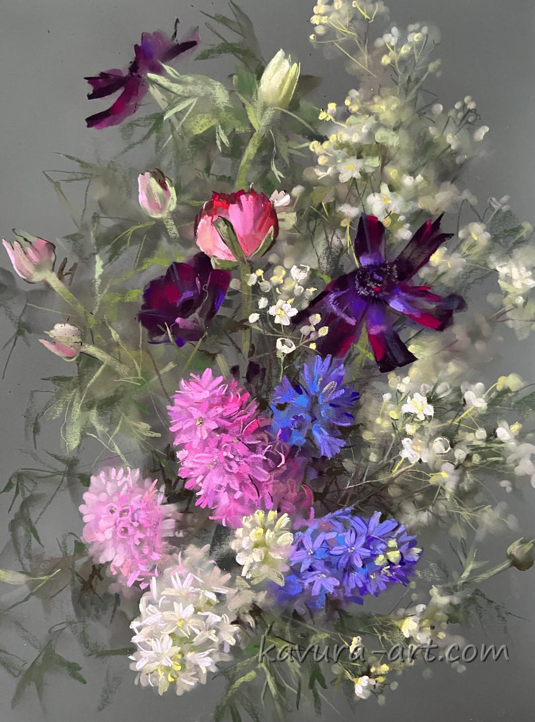 "Hyacinths and anemones" Pastel on paper.
