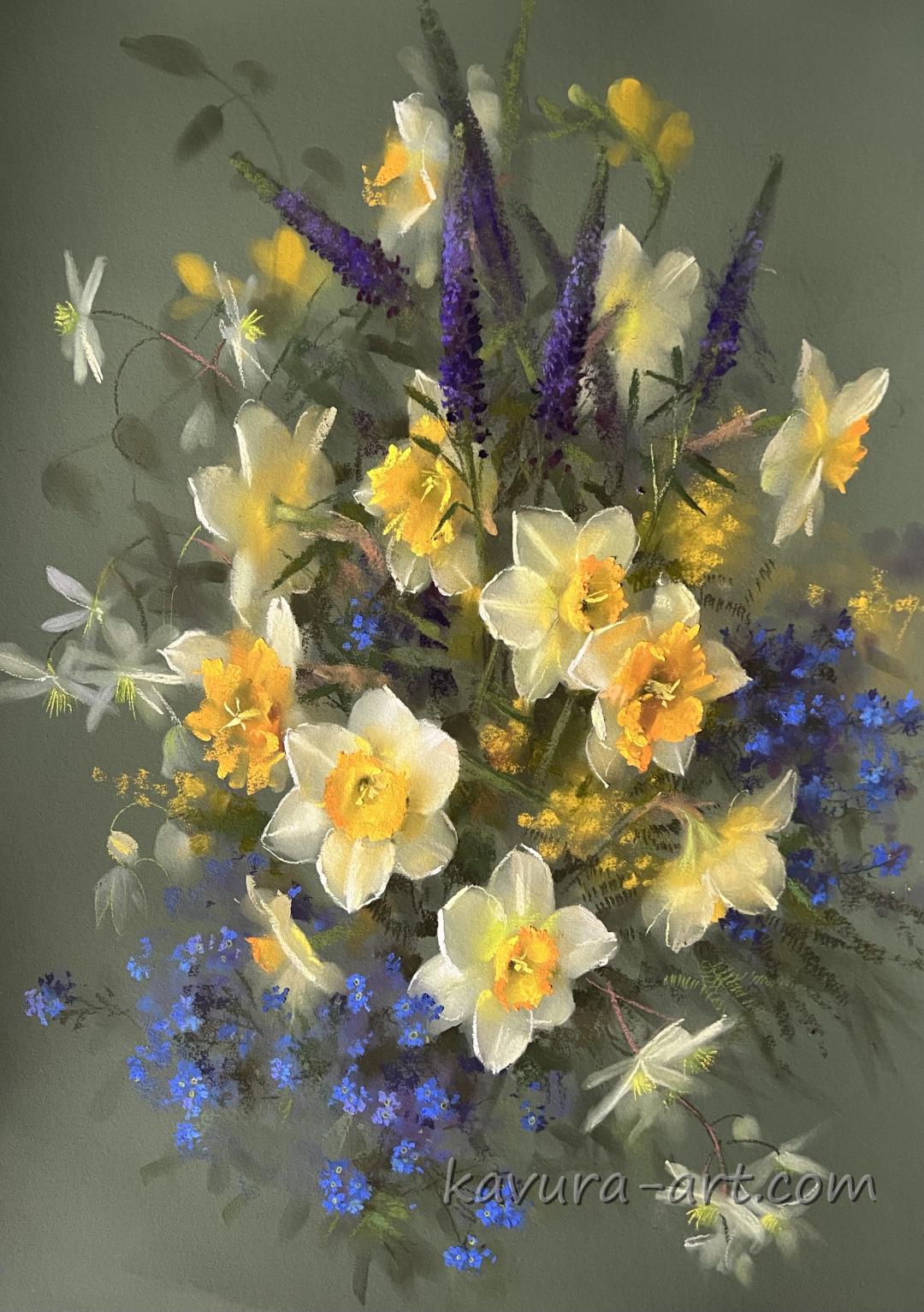 "Narcissus and forget-me-nots" Pastel on paper.