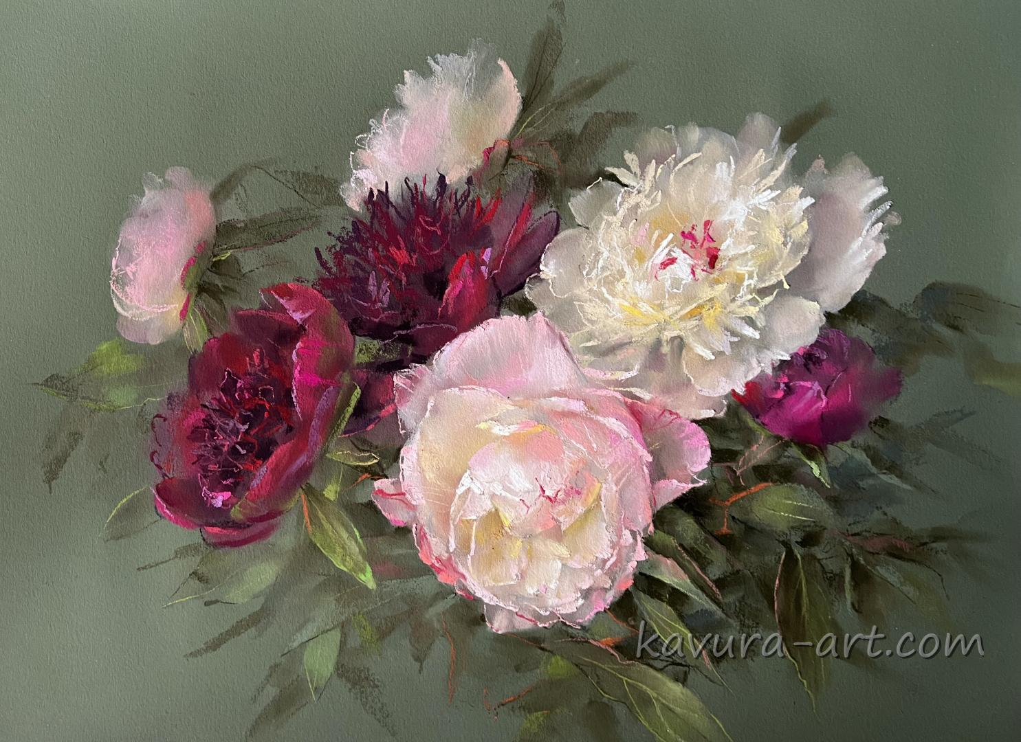 "Peonies" Pastel on paper.