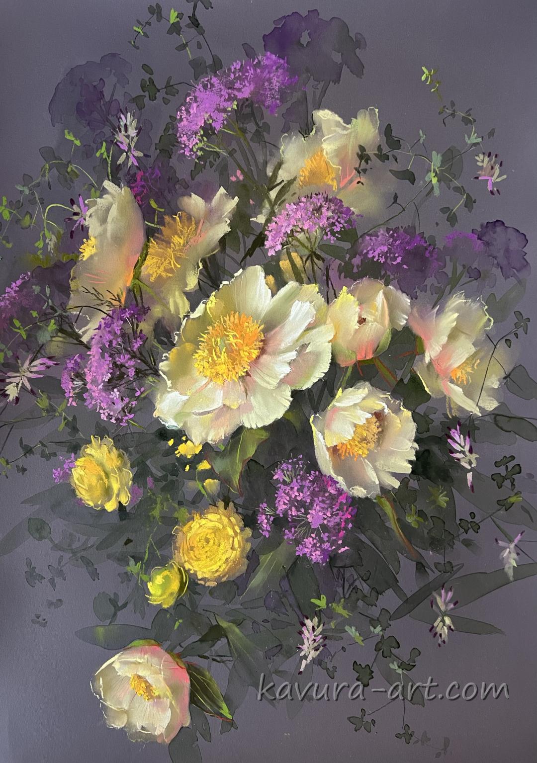 "Peonies and verbena" Pastel on paper.