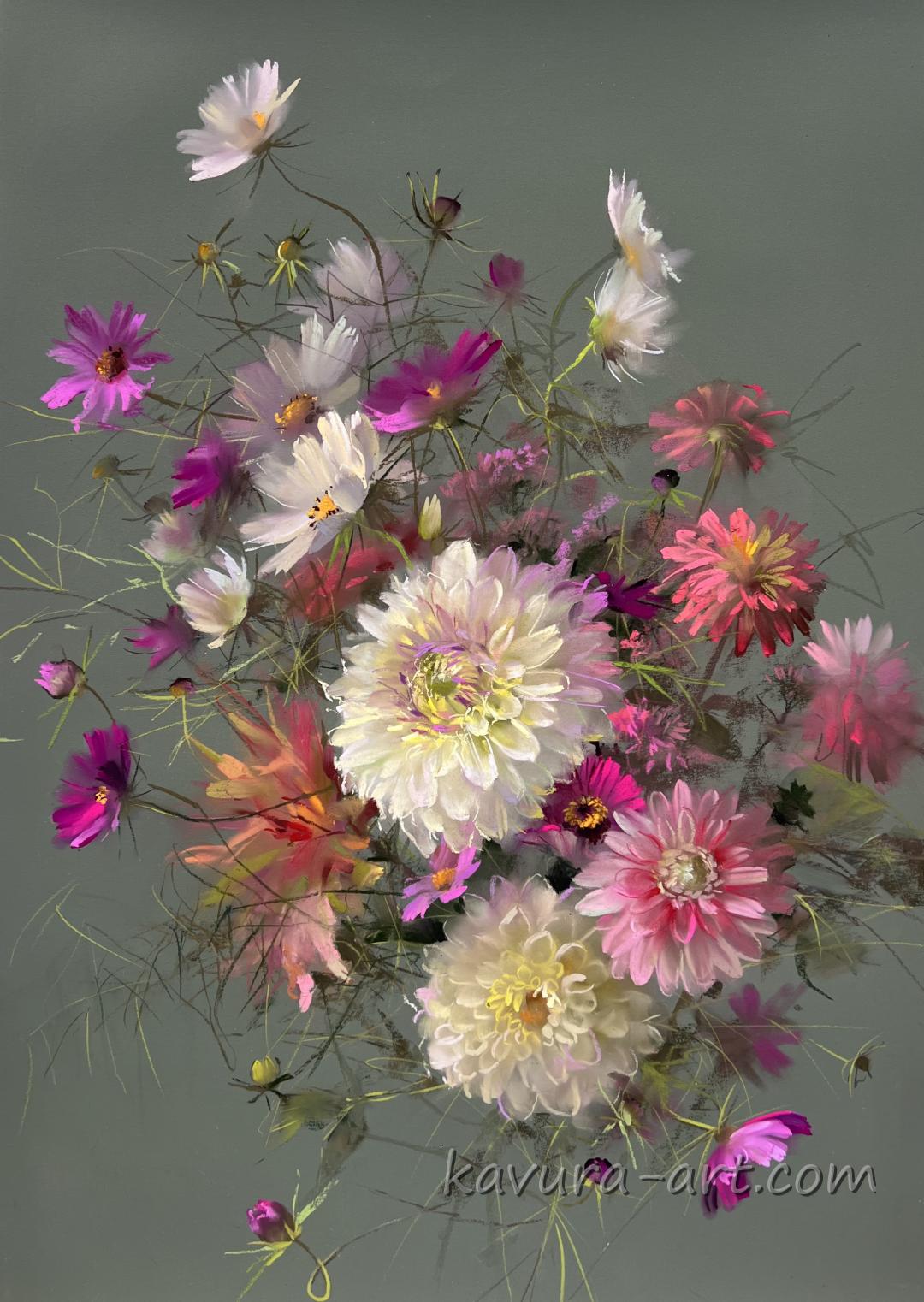 "Dahlias and cosmos" Pastel on paper.