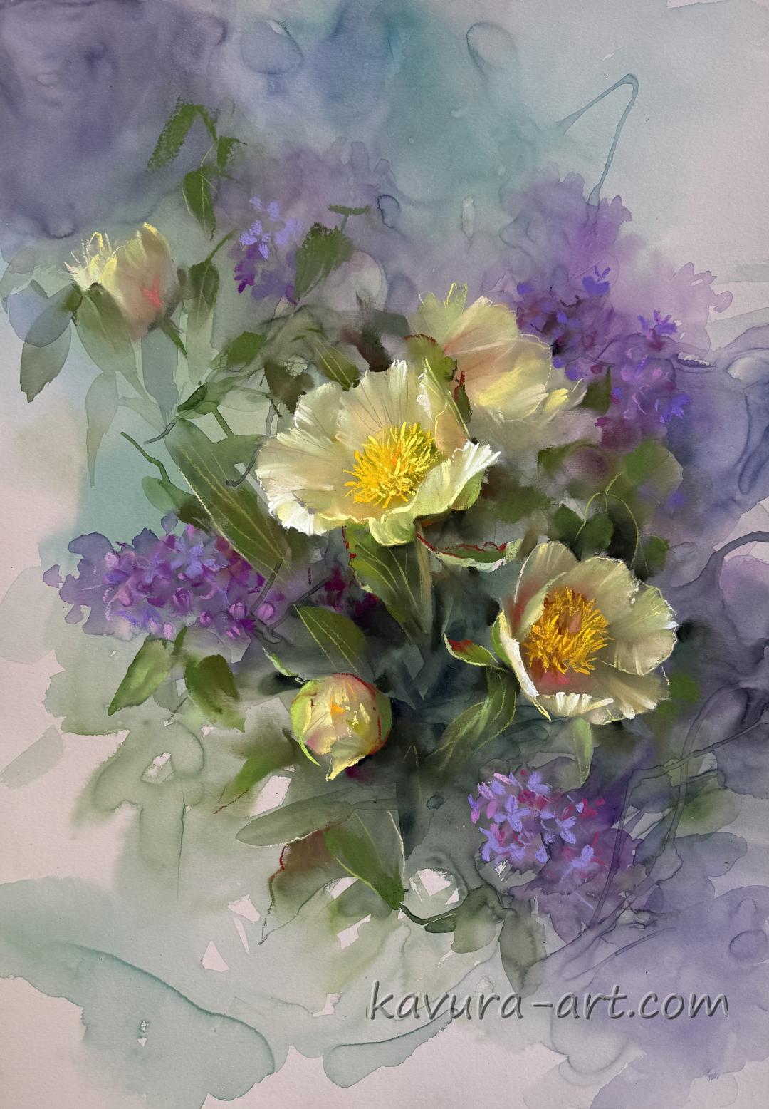 "Peonies and lilac" Pastel on paper.