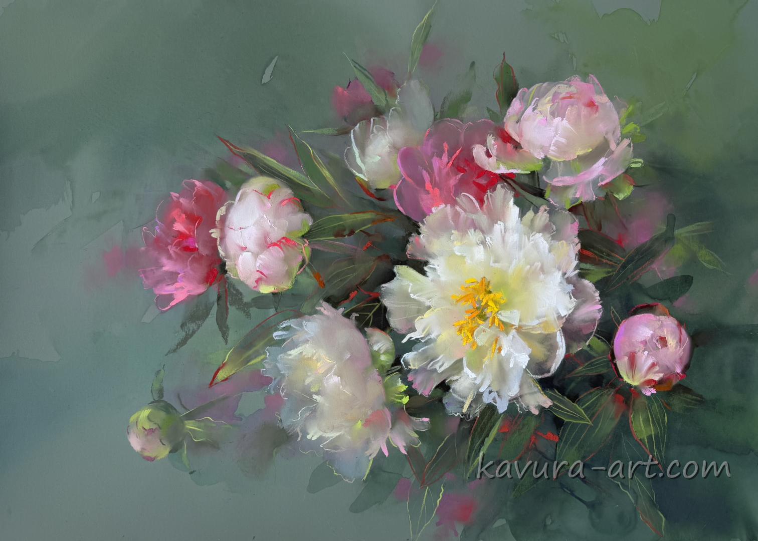 "Peonies" Pastel on paper.