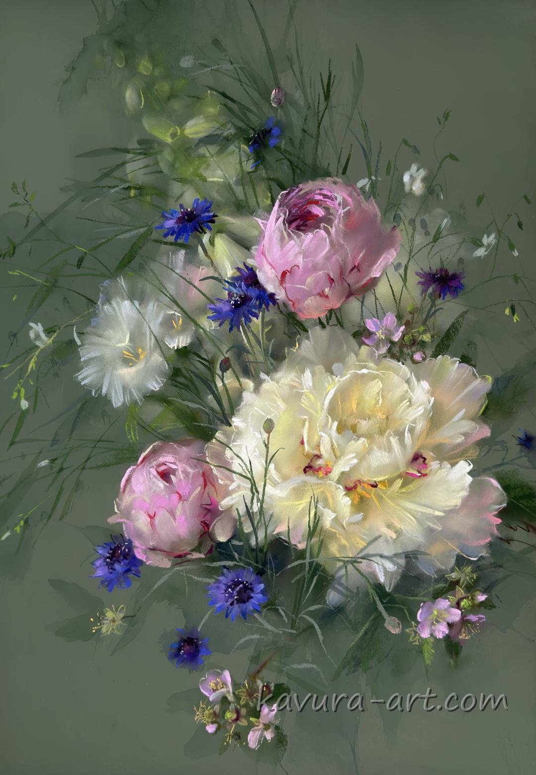 "Wildflowers and peonies" Pastel on paper.