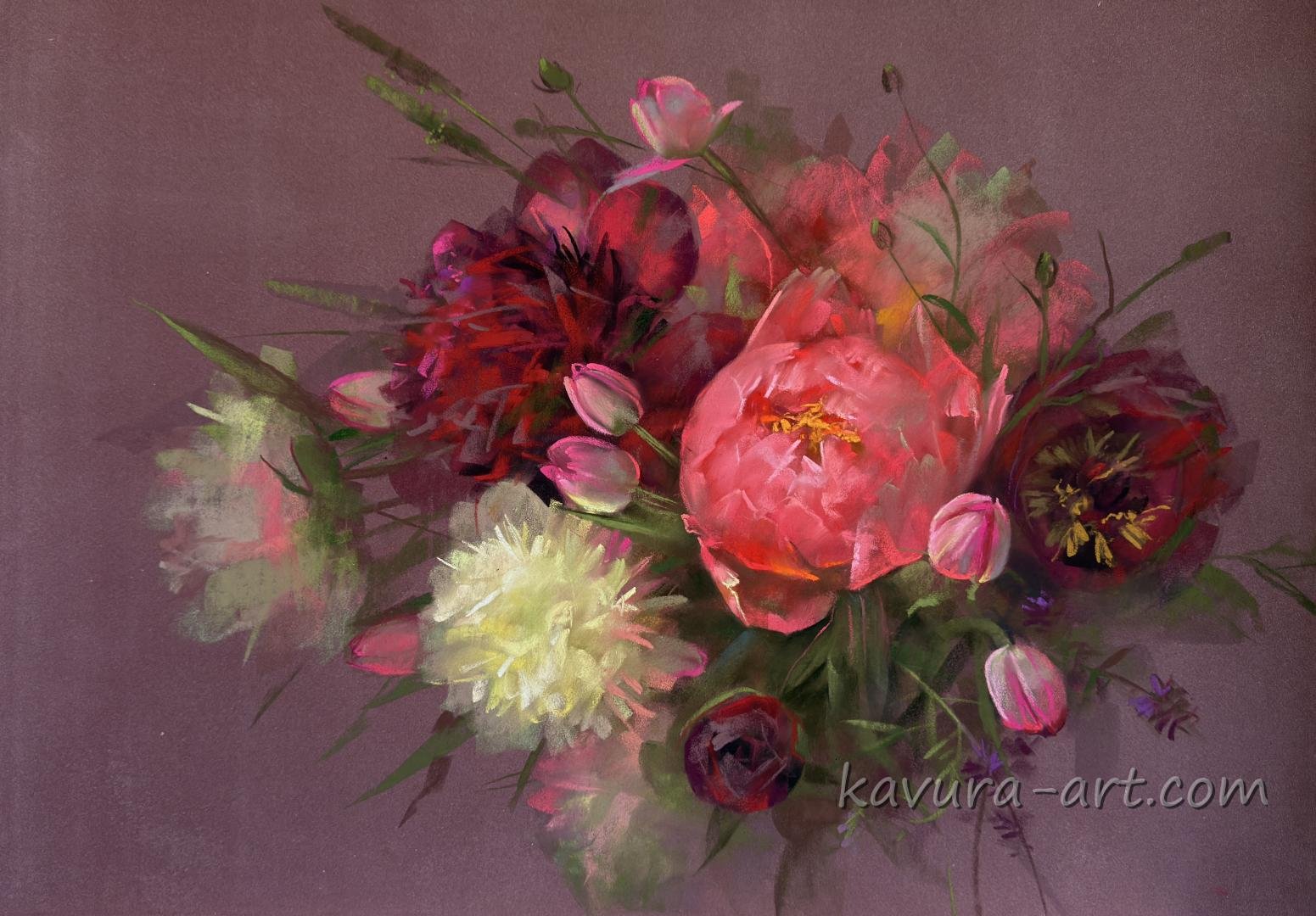 "Peonies" Pastel on paper.