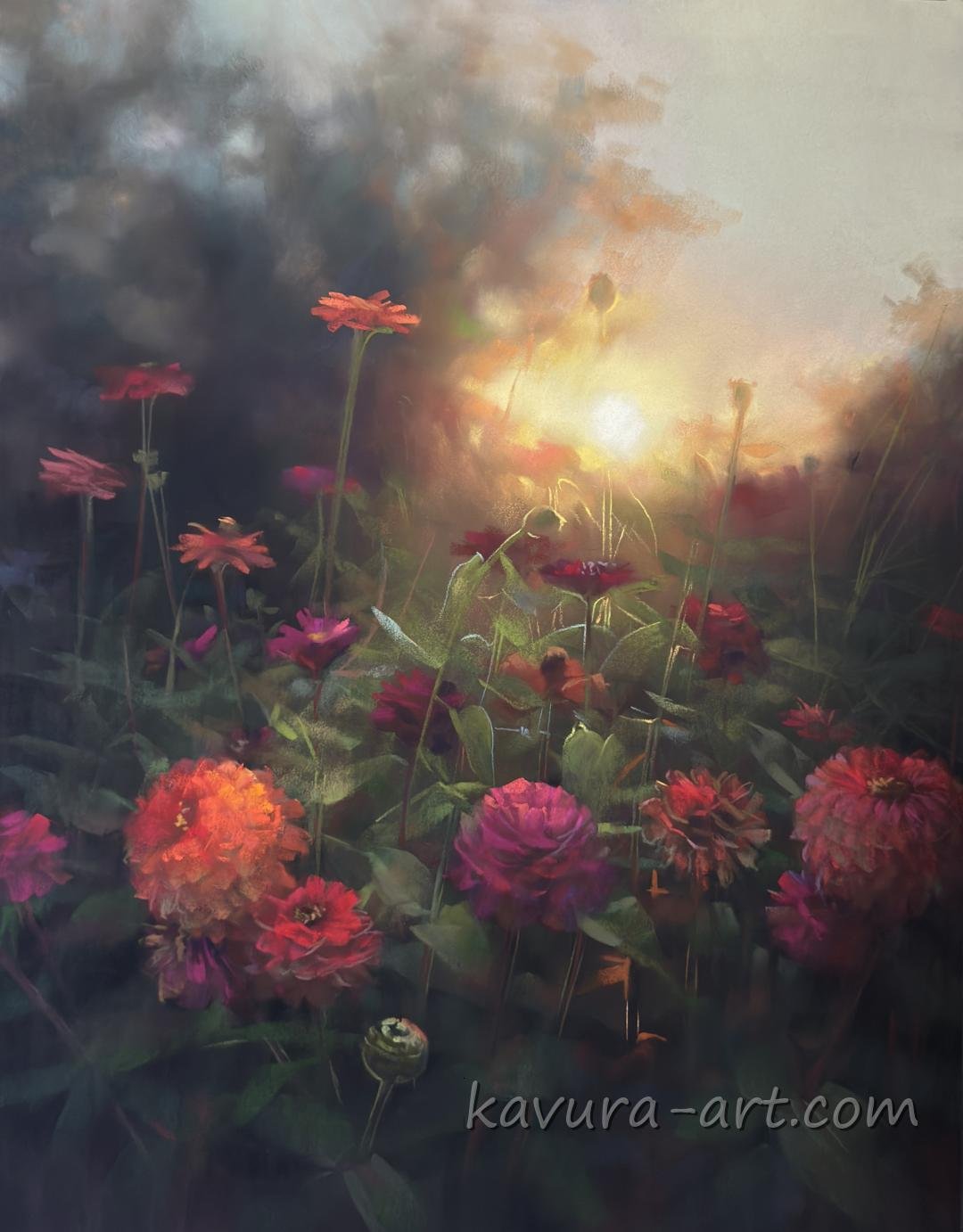 "Zinnias" Pastel on paper.